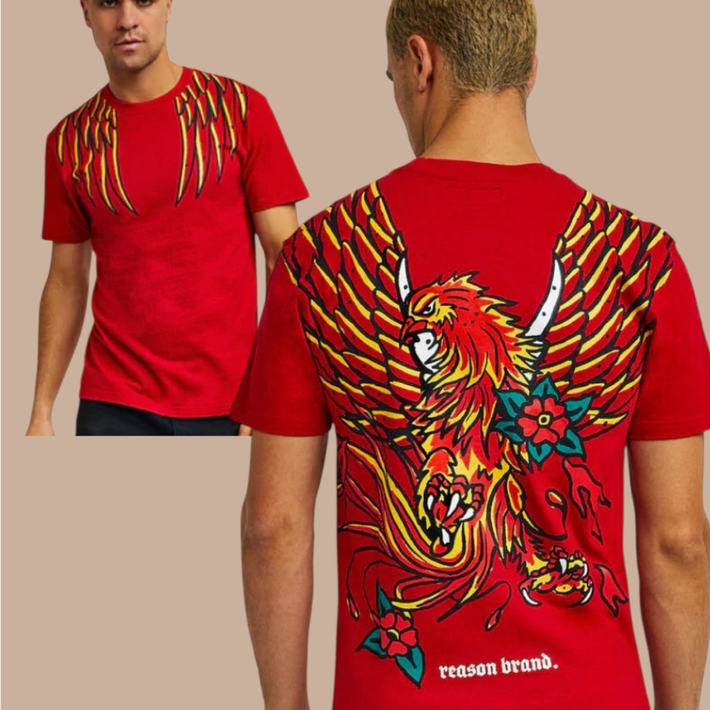 Red Short Sleeved Graphic Tee With  Multi Colored Phoenix- Size L